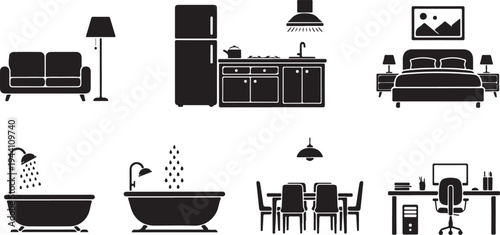 Set of black interior room silhouettes including living room kitchen bedroom bathroom dining area and home office workspace icons
