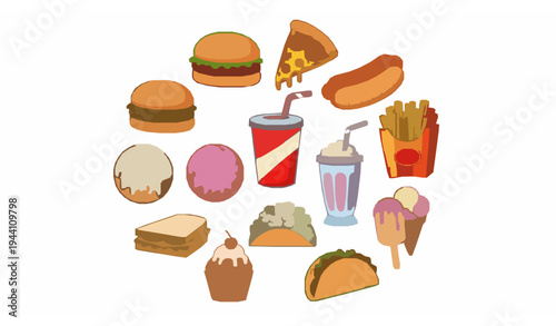 Street Snack Fast Food Cartoon Icons Bundle Burger Pizza Fries Soda Cute Doodle Vector Pack for Cafe Poster