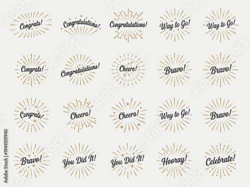 Celebration Badge Text Icon Set – Congrats Cheers Yay Quote Burst Collection Vector