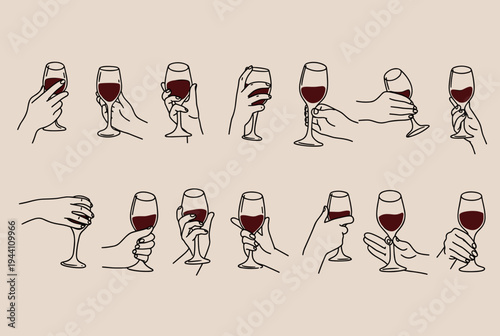 Hand Holding Wine Glass Icon Set – Line Art Cheers Gesture Collection Vector Illustration