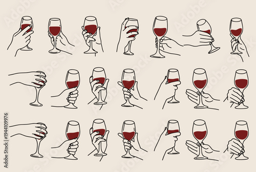 Hand Holding Wine Glass Icon Set – Line Art Cheers Gesture Collection Vector Illustration