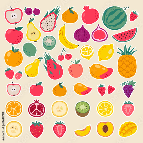 Colorful Fruit Icon Set – Fresh Tropical Healthy Food Collection Flat Vector Illustration