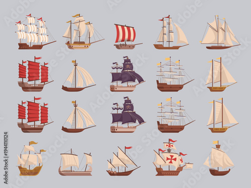 Vintage Sailing Ships Icon Set – Classic Wooden Sailboat and Pirate Ship Vector Collection
