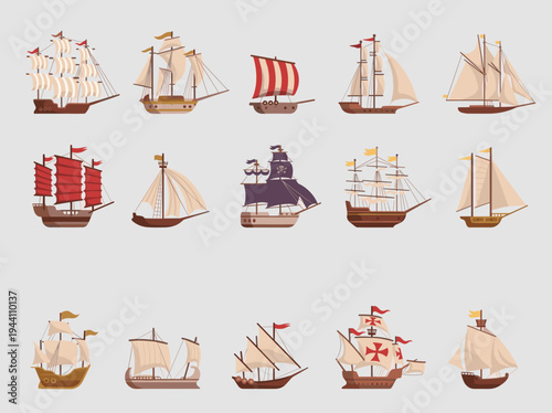 Vintage Sailing Ships Icon Set – Classic Wooden Sailboat and Pirate Ship Vector Collection