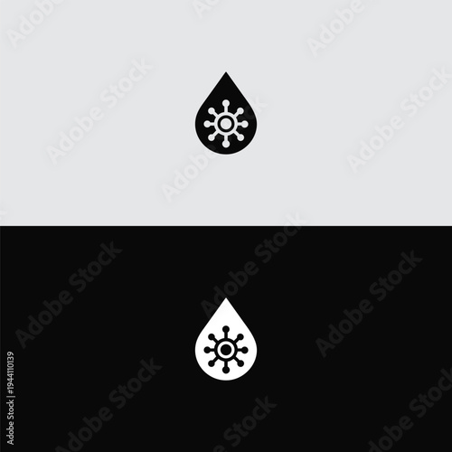 A simple monochrome water droplet contains an abstract spiky internal element, representing contamination or molecular structure in a clear, minimalist icon.