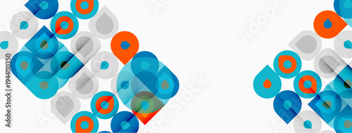 Abstract geometric pattern. Circles, squares overlap creating vibrant visual texture. Blue, orange hues dominate neutral background.