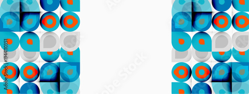 Geometric pattern features repeating circles, squares. Blue, orange hues dominate design. Minimalist aesthetic, clean lines present.