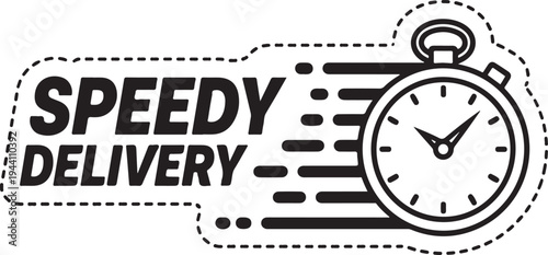 Speedy delivery label with stopwatch icon and dashed line effect, indicating fast and efficient service logistics