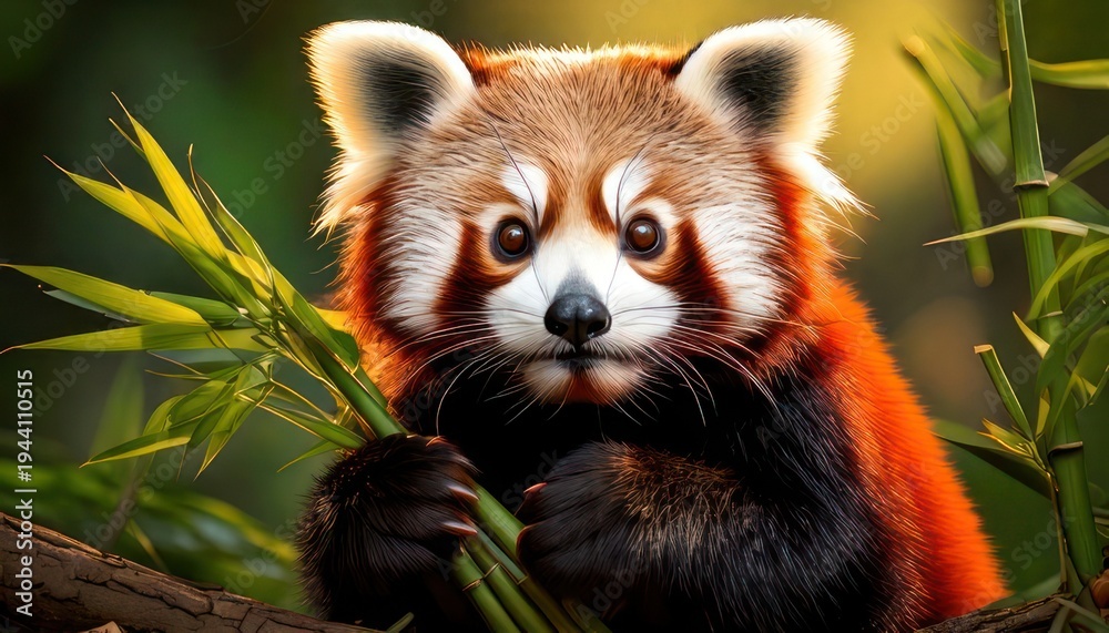Obraz premium Adorable Red Panda Enjoying Bamboo in Lush Greenery.