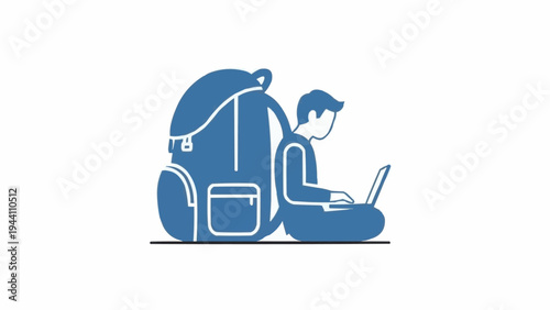 Man Sitting with Backpack and Laptop.