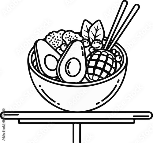 A delicious healthy bowl with avocado, greens, and a piece of fruit