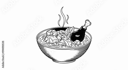 A delicious bowl of stew with a chicken leg and herbs, steaming hot