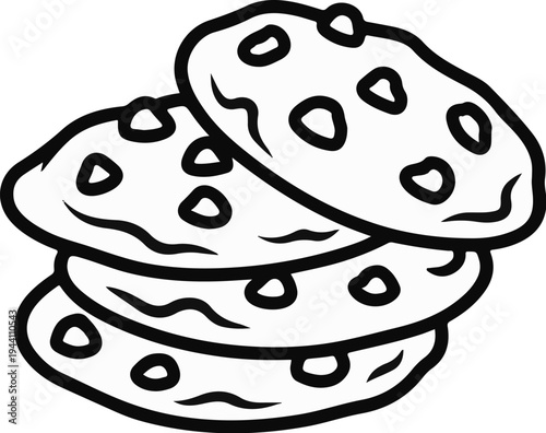 A simple line drawing of a stack of four chocolate chip cookies