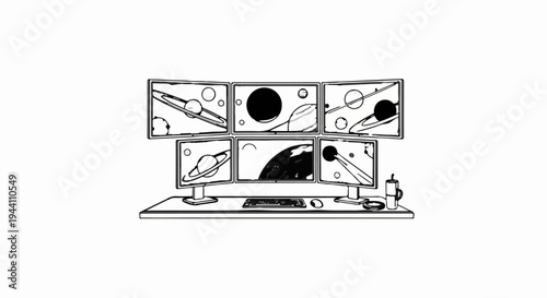 A desk with six monitors displaying outer space scenes, a keyboard, mouse, and mug