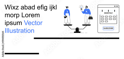 Business growth, teamwork, creativity, ideas, subscription services, planning. Two figures balancing scales, one holding a lightbulb for new ideas. Teamwork and business growth concept