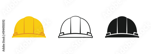 Hard Hat Front View Icon Set. Safety Helmet for Construction Site Worker, Builder, and Industrial Protection.