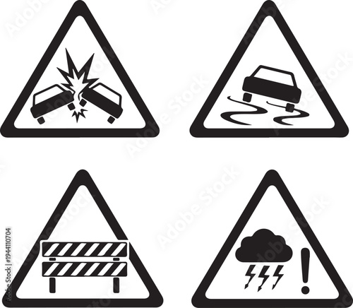 Set of road traffic warning signs, accident, slippery road, road closure, stormy weather, traffic safety signs