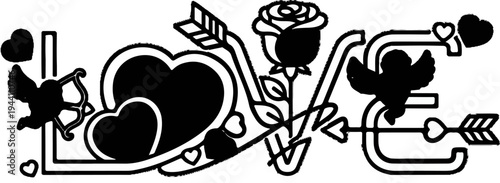 A decorative design spells out "LOVE" with cherubs, hearts, a rose, and arrows