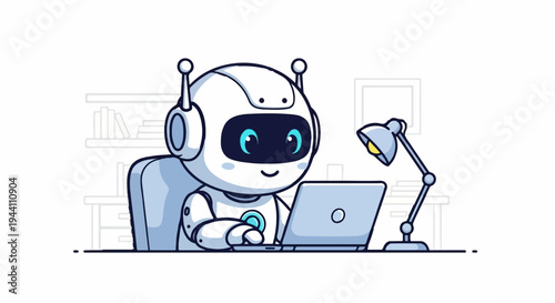 A cute robot sits at a desk working on a laptop with a lamp