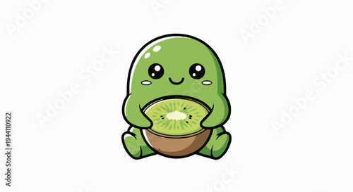 A cute, plump, green blob character sits holding a sliced kiwi