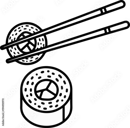 A simple line drawing of two sushi rolls, one held by chopsticks