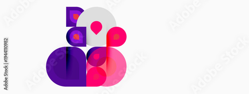 Abstract shapes, pinks, purples dominate composition. Overlapping circles, squares create dynamic visual interest. Minimalist design.