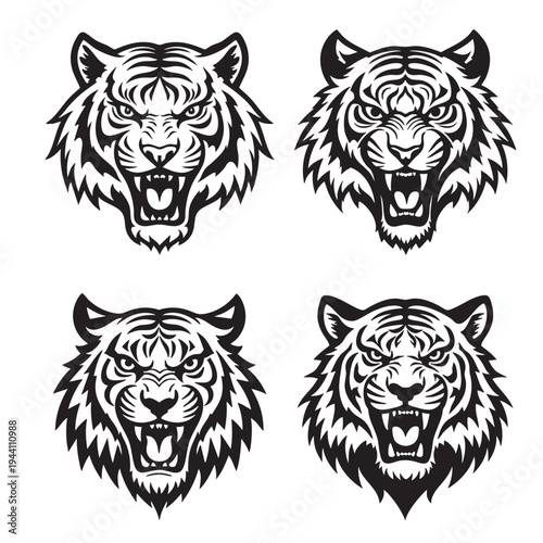 Black and white tiger head illustrations arranged in a square grid