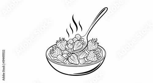 A detailed line drawing of a bowl filled with strawberries, rhubarb, and mint, with a spoon scooping some of it