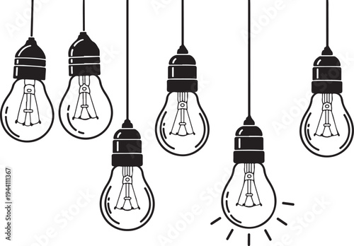 Hanging light bulb illustration set with glowing filament details and one lit bulb among dark ones representing creative idea concept