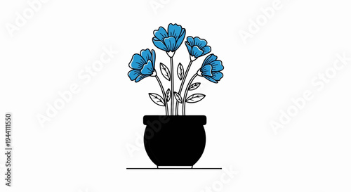A simple illustration of blue flowers in a black pot