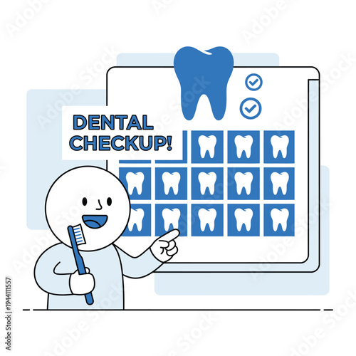 Cartoon character brushing teeth pointing at dental checkup calendar.