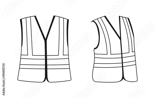 High Visibility Safety Vest Outline Illustration. Reflective Yellow Personal Protective Equipment (PPE) for Construction Workers and Site Safety. Coloring Book Page Template.