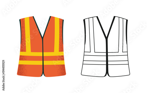 Safety Vest Graphics Set. High Visibility Reflective PPE Clothing in Colored Flat Style and Line Art Outline