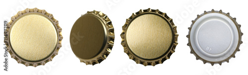фотографія A collection of shiny golden beer bottle caps, photographed from various angles