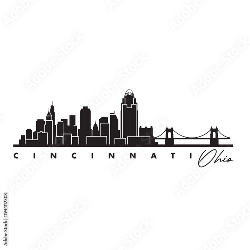 Cincinnati Skyline Silhouette with Roebling Suspension Bridge – Minimal City Vector Icon