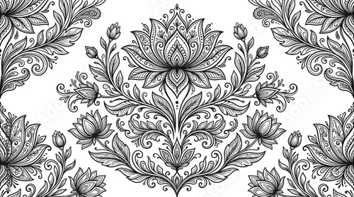 Intricate black and white floral pattern featuring detailed lotus flowers and ornate leaves