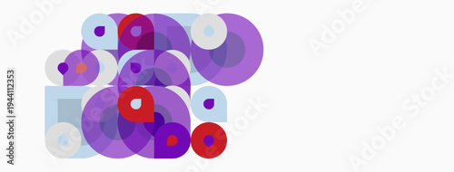 Abstract composition featuring overlapping circles, varying sizes, purple hues, plus red accents. Minimalist design, clean aesthetic.
