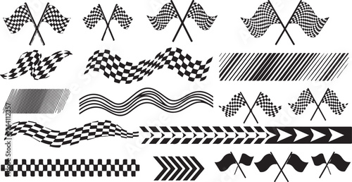 Racing finish line set with checkered flags waving banners diagonal stripes and directional arrow patterns for automotive competition