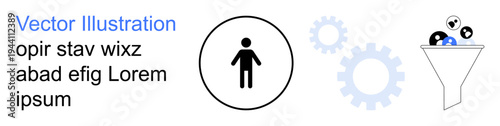 Data management, workflow, automation, analytics, system optimization, process efficiency. Person icon with gears and a funnel data flow. Data management and workflow concept