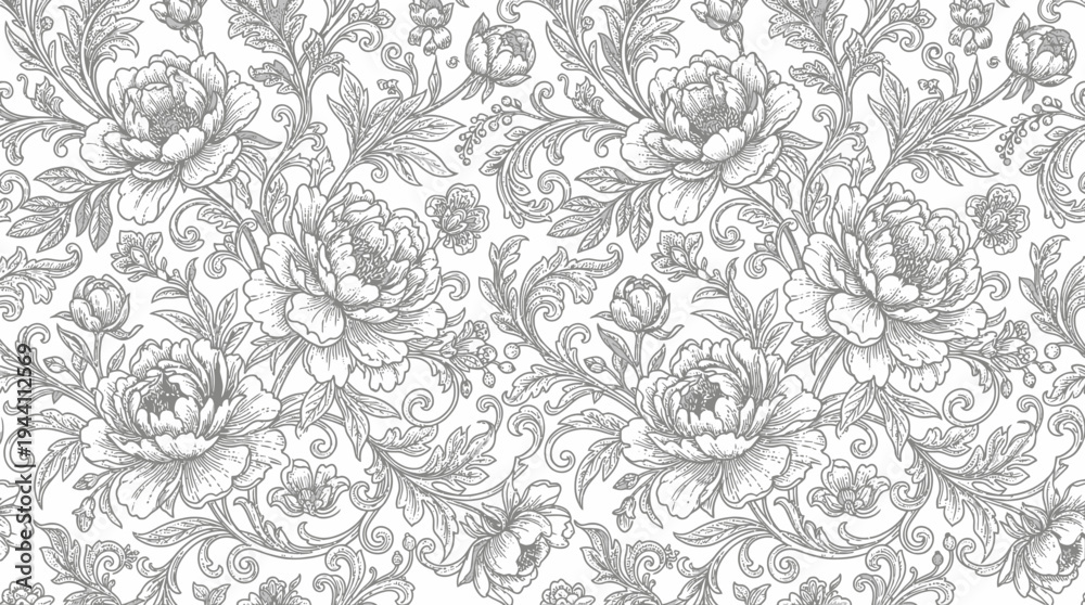 Obraz premium Detailed floral pattern featuring intricate roses and foliage on a light background