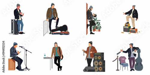 Collection of flat vector illustrations depicting male rock musicians and crew members in various backstage and concert-related scenarios with music equipment.