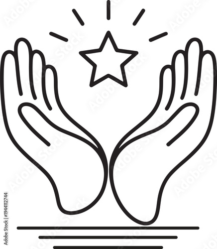 Two hands holding a star with rays of light emanating from it.
