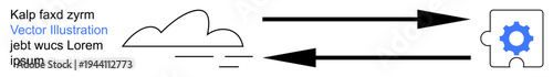 Cloud computing, data synchronization, integration technology, automation, storage solutions, workflow processing. Cloud icon and puzzle piece connected by arrows. Cloud computing and data