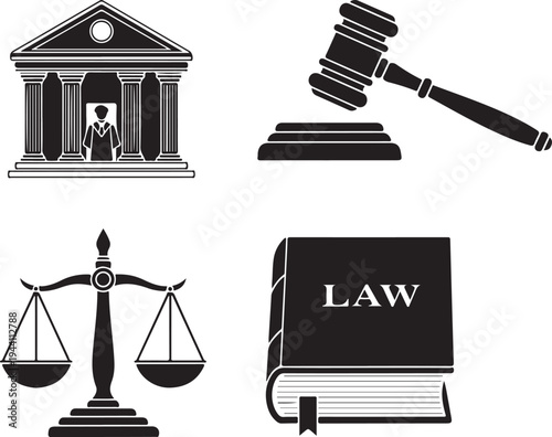Law and justice symbols including courthouse gavel scales of justice and law book representing legal system court proceedings and judiciary principles