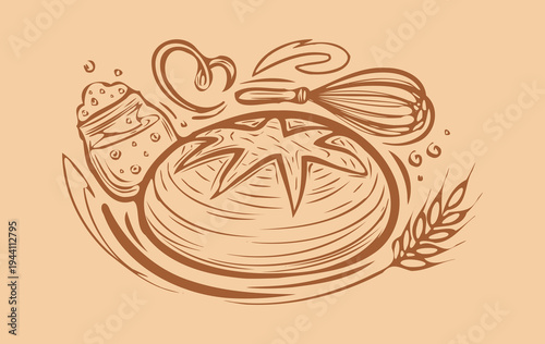 Sourdough bread making vector illustration, rustic artisan sourdough drawing, hand drawn sketch style loaf with starter jar and whisk, wheat, vintage artisan bakery doodle
