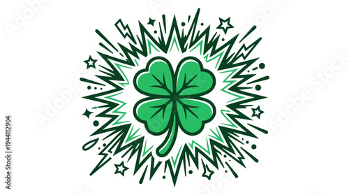 Vibrant green four-leaf clover surrounded by dynamic bursts and stars, symbolizing luck