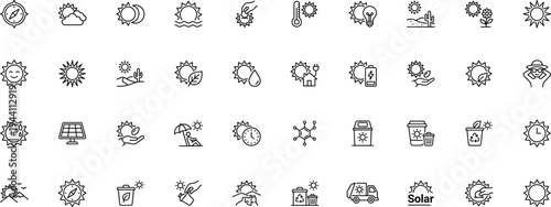 solar energy outline icons set with sun panels battery eco house recycle coffee cup and renewable power symbols vector illustration collection on transparent background