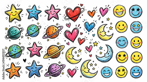 Colorful hand-drawn illustrations of celestial bodies, hearts, and smiling faces on a white background
