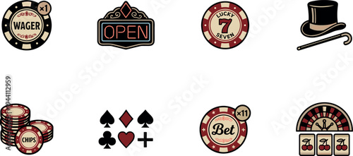 casino gambling icons set with poker chips roulette slot machine cards lucky seven wager bet and vintage casino symbols vector illustration collection on transparent background