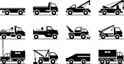 Tow truck and commercial vehicle silhouette vector